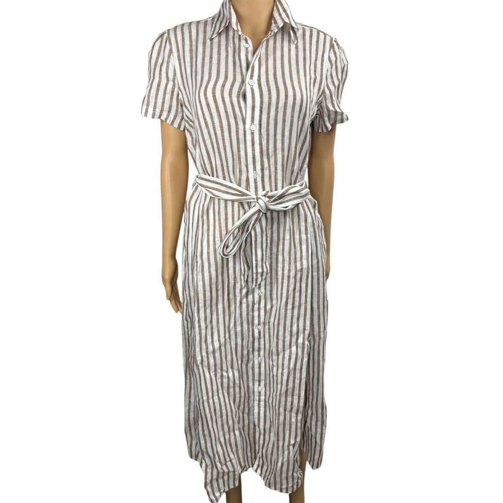 Polo by Ralph Lauren Brown/White Linen‎ 100 Stripe Long Shirt Dress Size 6